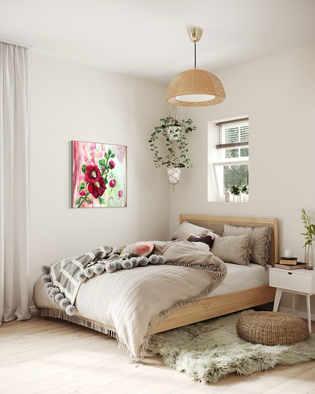 'Stokrozen' Schilderij Bloemen - Ingelijste Canvas Art Print - 120 cm x 120 cm