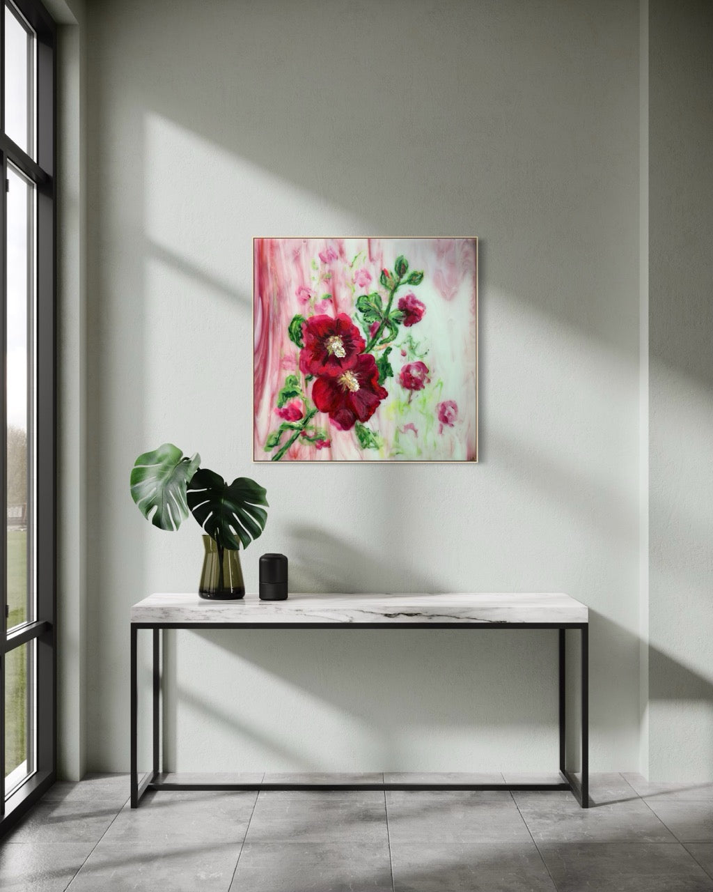 'Stokrozen' Schilderij Bloemen - Ingelijste Canvas Art Print - 120 cm x 120 cm