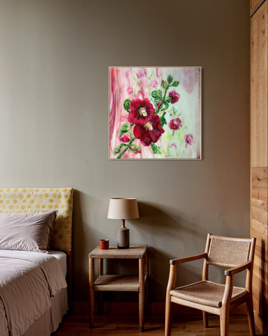 'Stokrozen' Schilderij Bloemen - Ingelijste Canvas Art Print - 120 cm x 120 cm