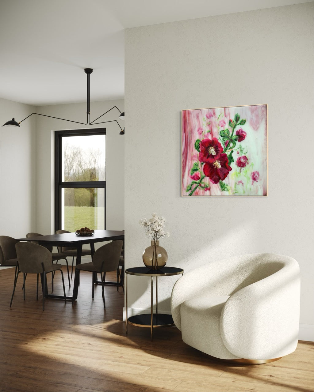 'Stokrozen' Schilderij Bloemen - Ingelijste Canvas Art Print - 120 cm x 120 cm