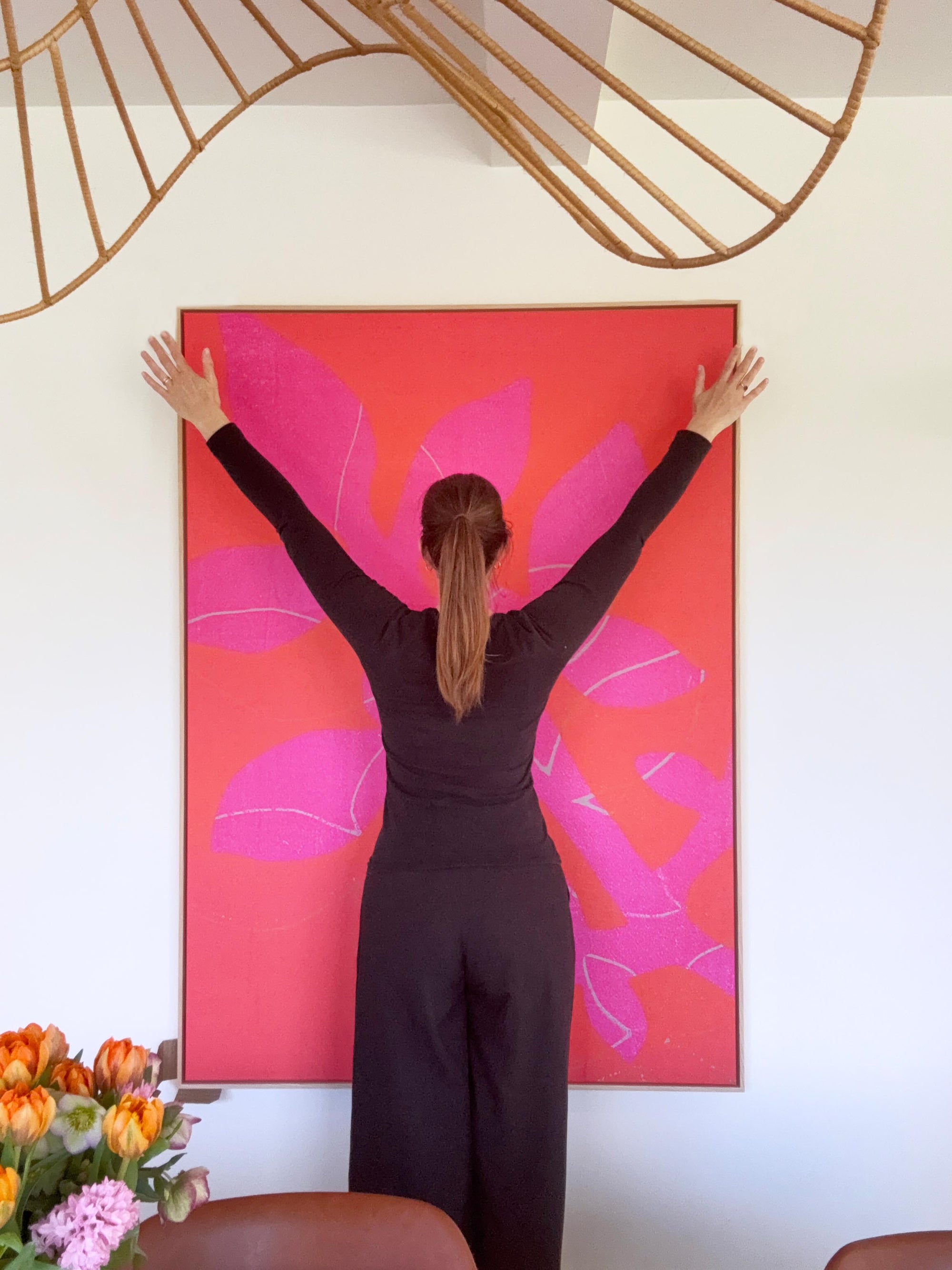 Groot botanisch schilderij kleuren rood en fuchsia