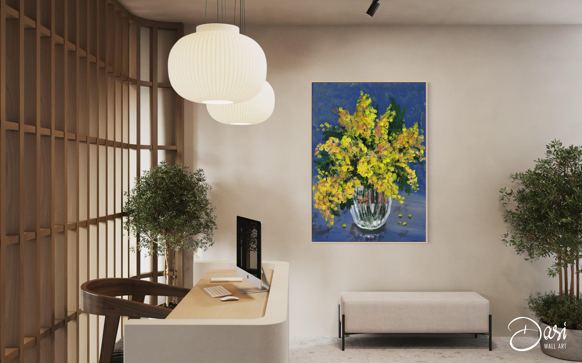Stijlvolle ontvangstruimte met groot schilderij van gele Mimosa bloemen, die kleur en sfeer brengen in het intererieur. Ingelijst kopen via Dasi Wall Art