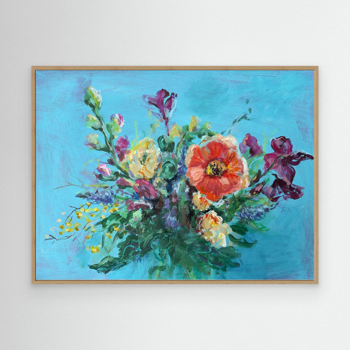 Turquoise bloemen-canvas