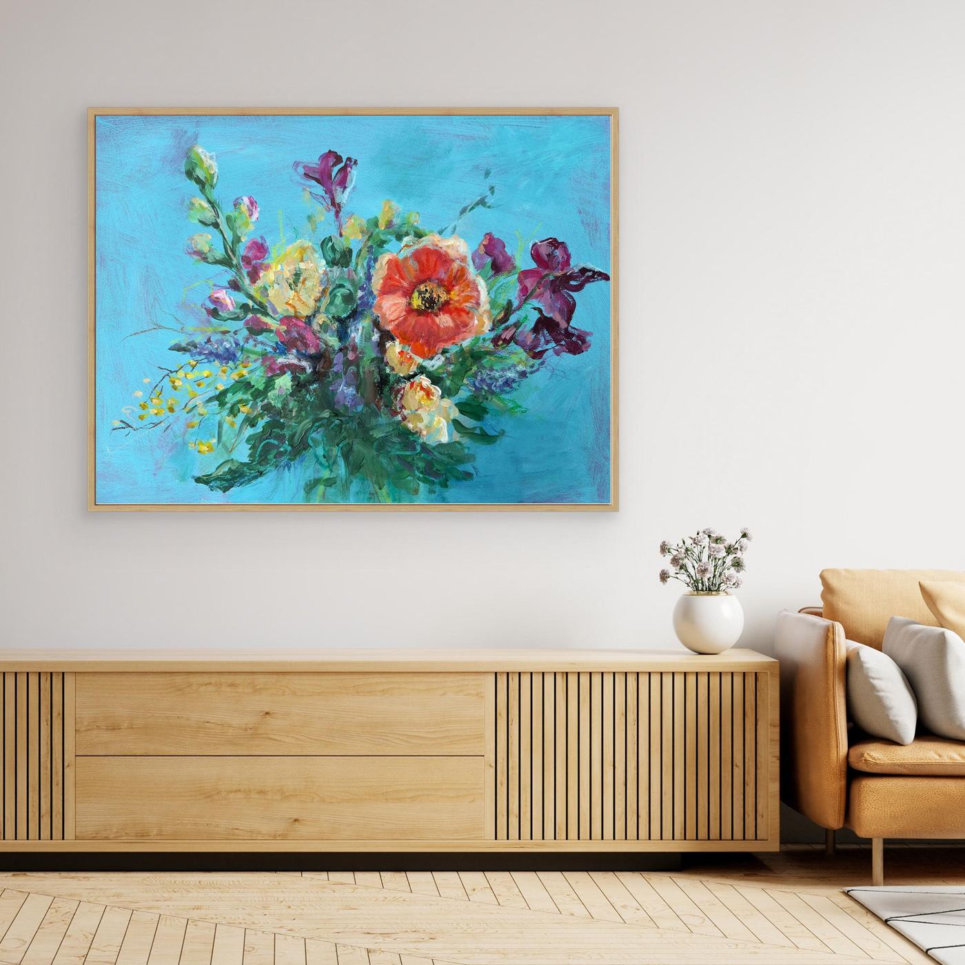 Turquoise bloemen-canvas