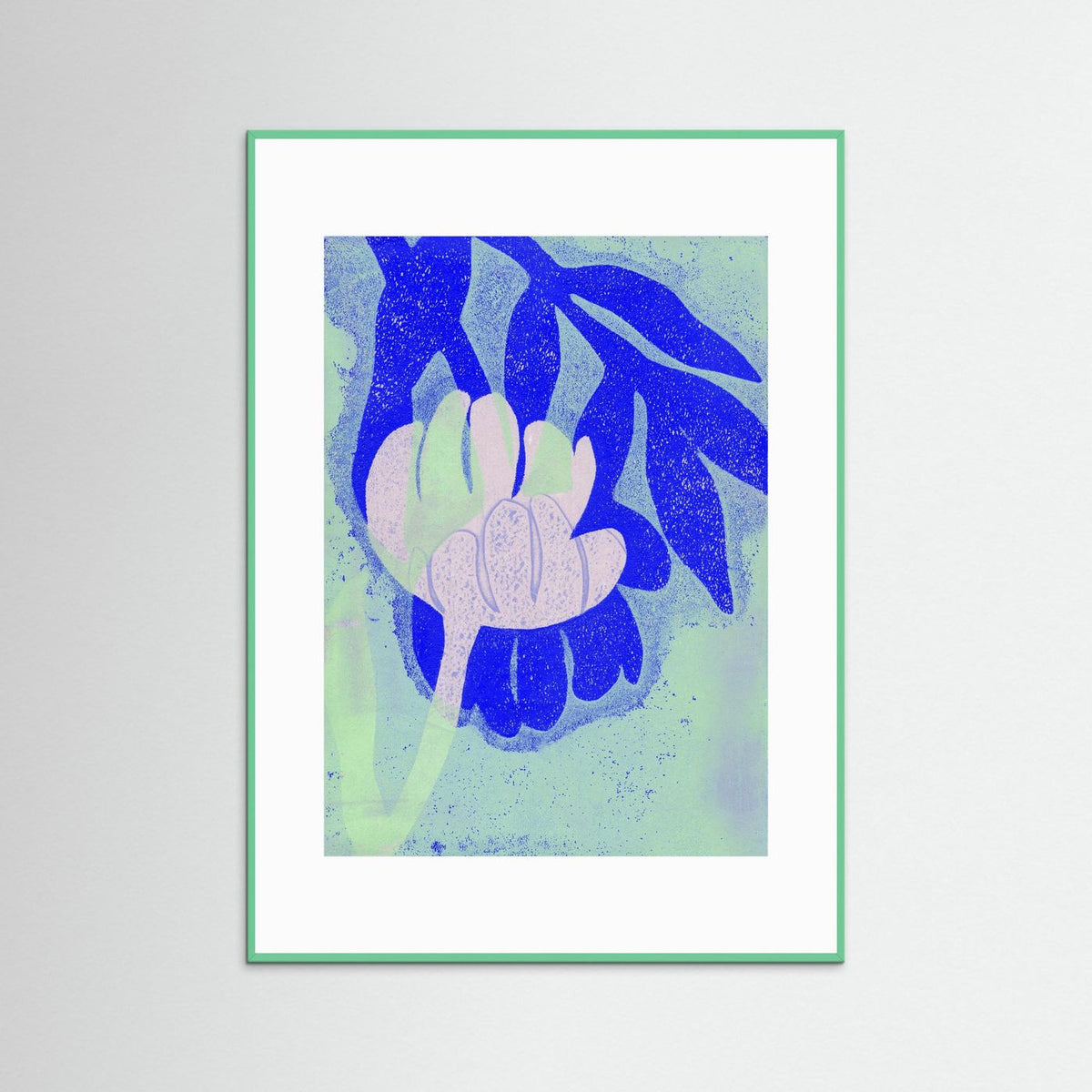 ‘Tulpen Blauw-Roze-Munt’ Gelli Print Botanisch - Ingelijste Fine Art Paper Print