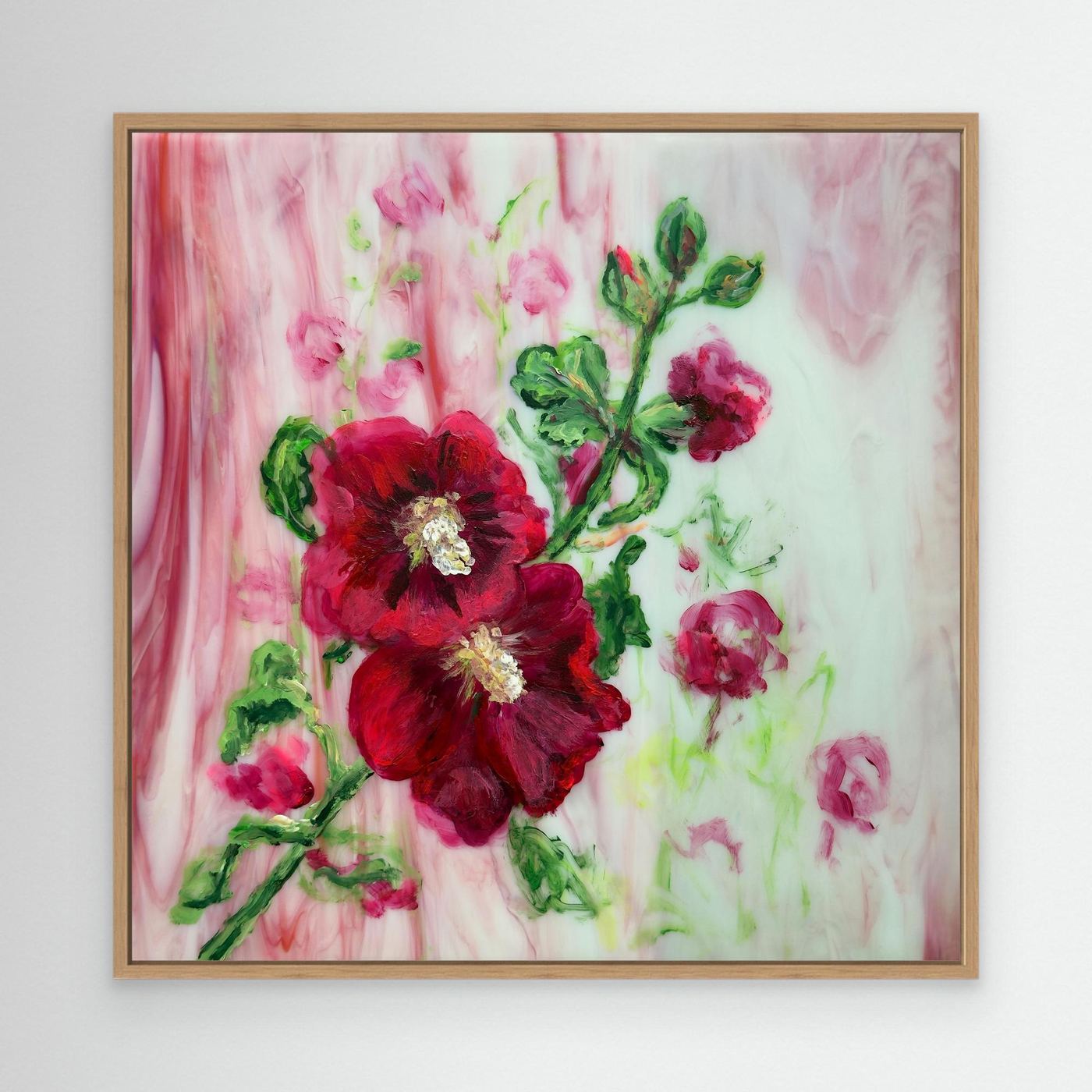 'Stokrozen' Schilderij Bloemen - Ingelijste Canvas Art Print