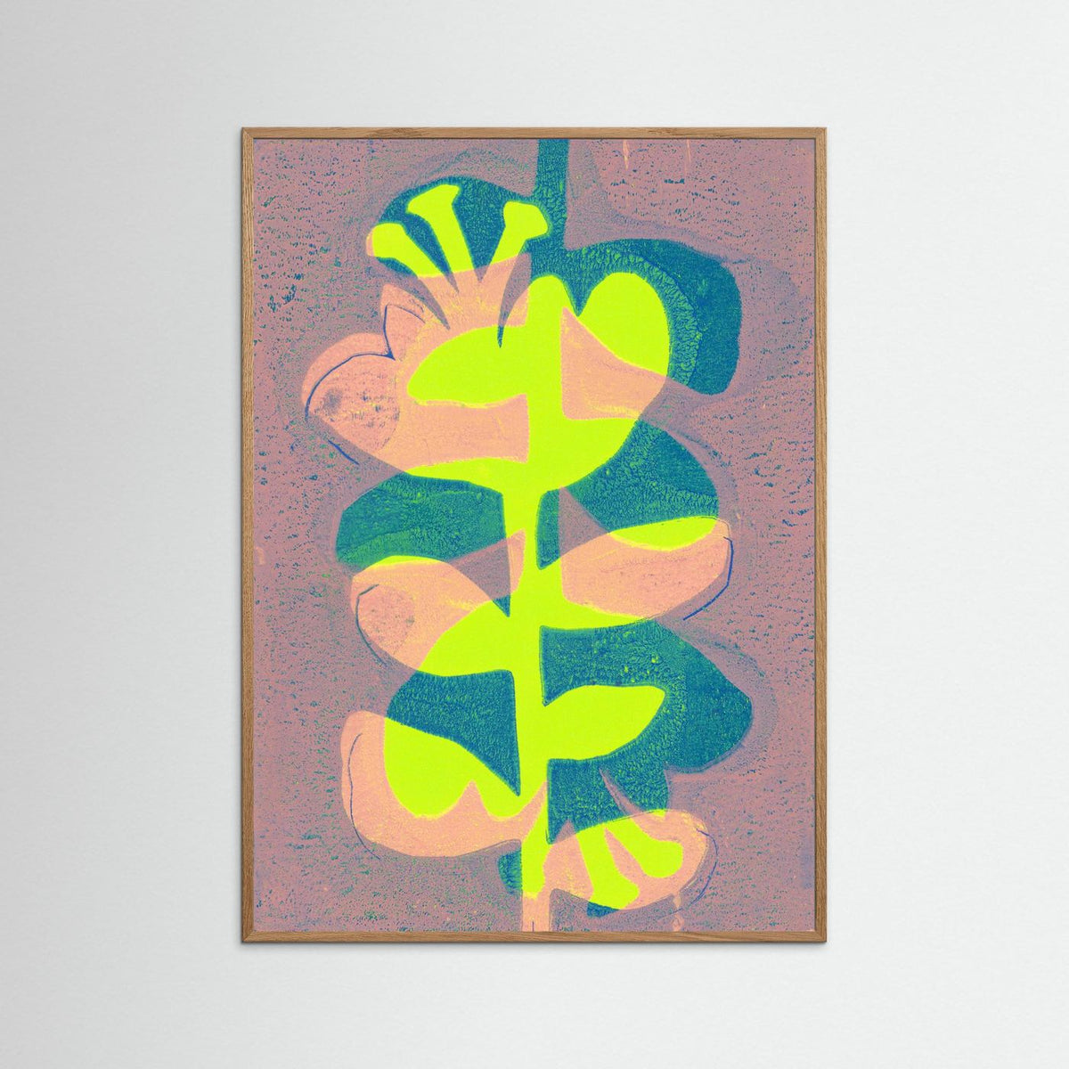‘Retro Bloemen Limoen’ Gelli Print Botanisch - Ingelijste Fine Art Paper Print