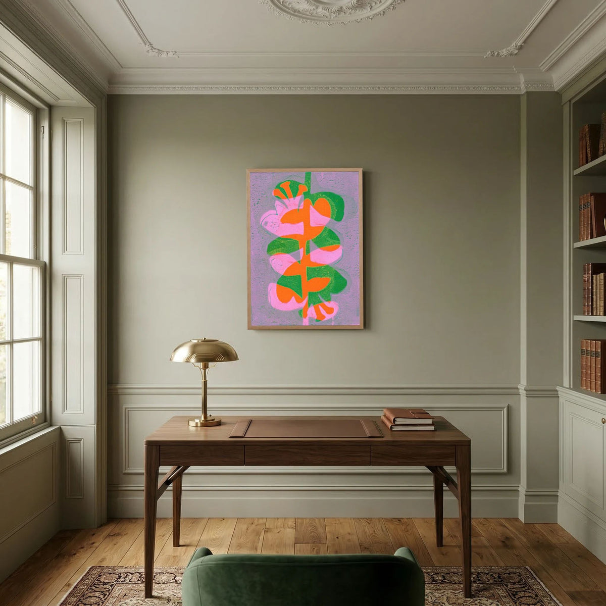 ‘Retro Bloemen Oranje’ Gelli Print Botanisch - Ingelijste Fine Art Paper Print