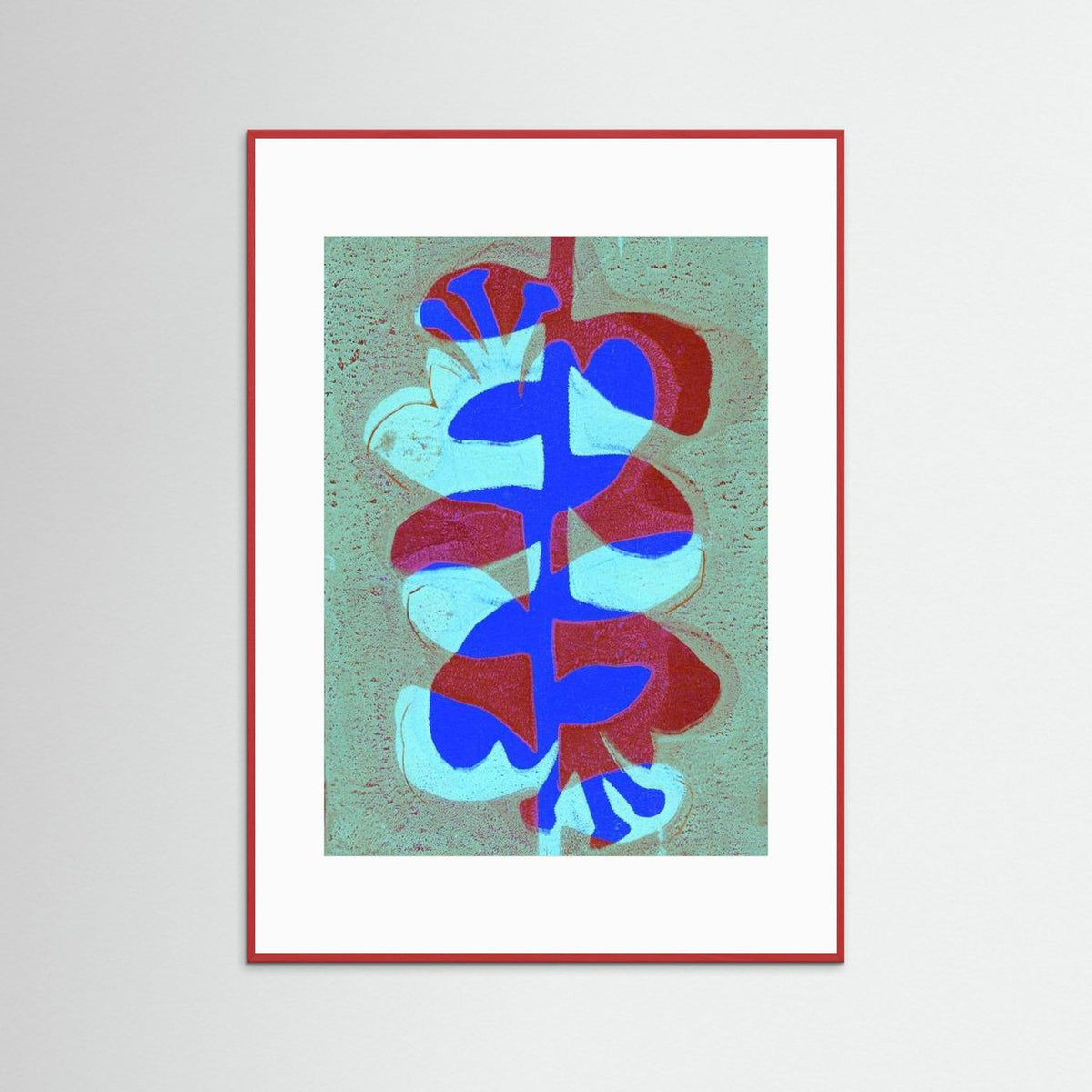 'Retro Bloemen Bordeaux' Gelli Print Botanisch - Ingelijste Paper Art Print