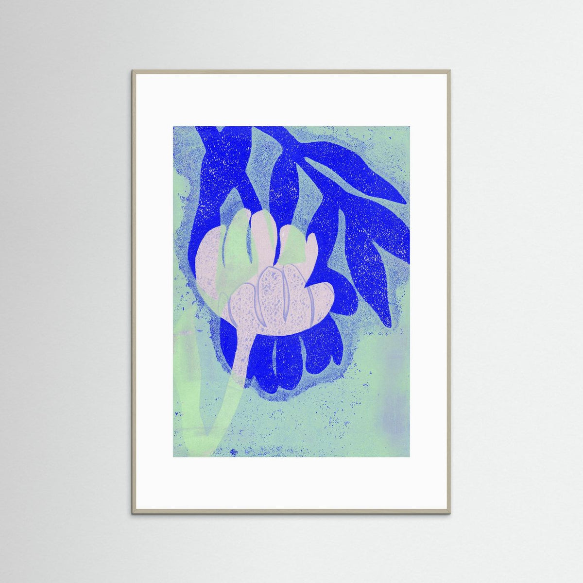 ‘Tulpen Blauw-Roze-Munt’ Gelli Print Botanisch - Ingelijste Fine Art Paper Print