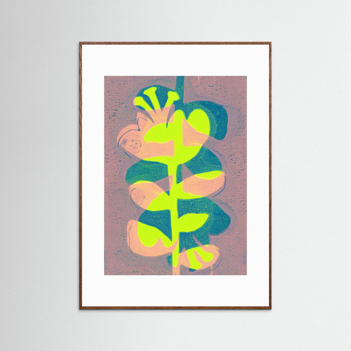 ‘Retro Bloemen Limoen’ Gelli Print Botanisch - Ingelijste Fine Art Paper Print