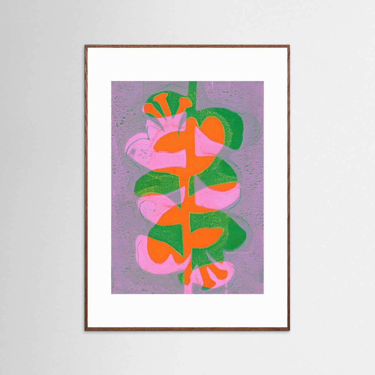 ‘Retro Bloemen Oranje’ Gelli Print Botanisch - Ingelijste Fine Art Paper Print