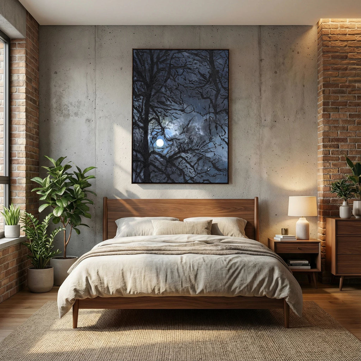 'Maanlicht door de bomen' Schilderij landschap - Ingelijste Canvas Art print