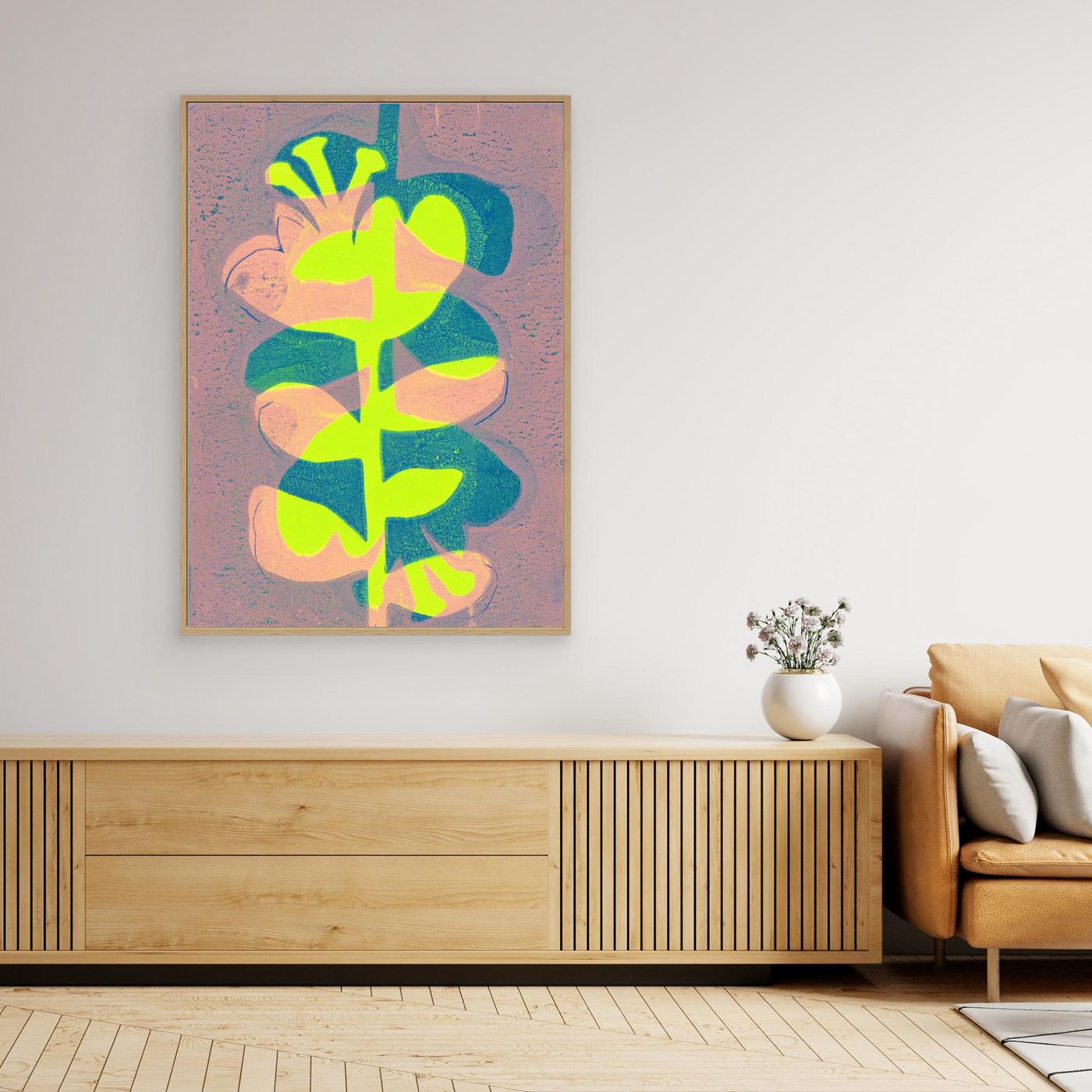 'Retro Flowers Green' Gelli Art - Framed Canvas Art Print