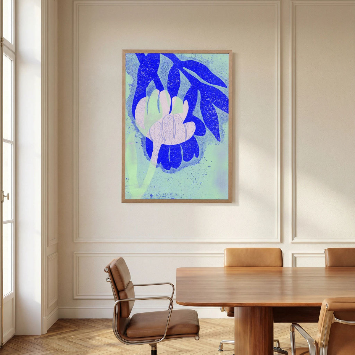 ‘Tulpen Blauw-Roze-Munt’ Gelli Print Botanisch - Ingelijste Fine Art Paper Print