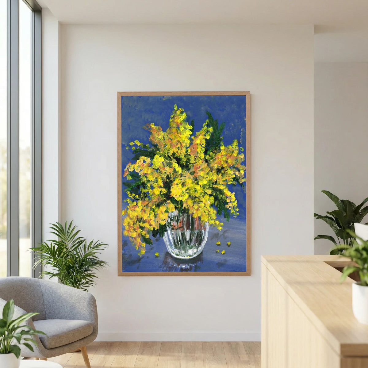 'Mimosa' Schilderij Bloemen - Ingelijste Fine Art Paper Print