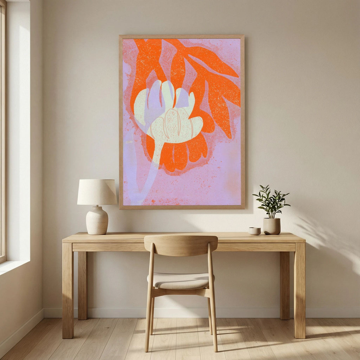 ‘Tulpen Oranje-Lila ’ Gelli Print Botanisch - Ingelijste Fine Art Paper Print
