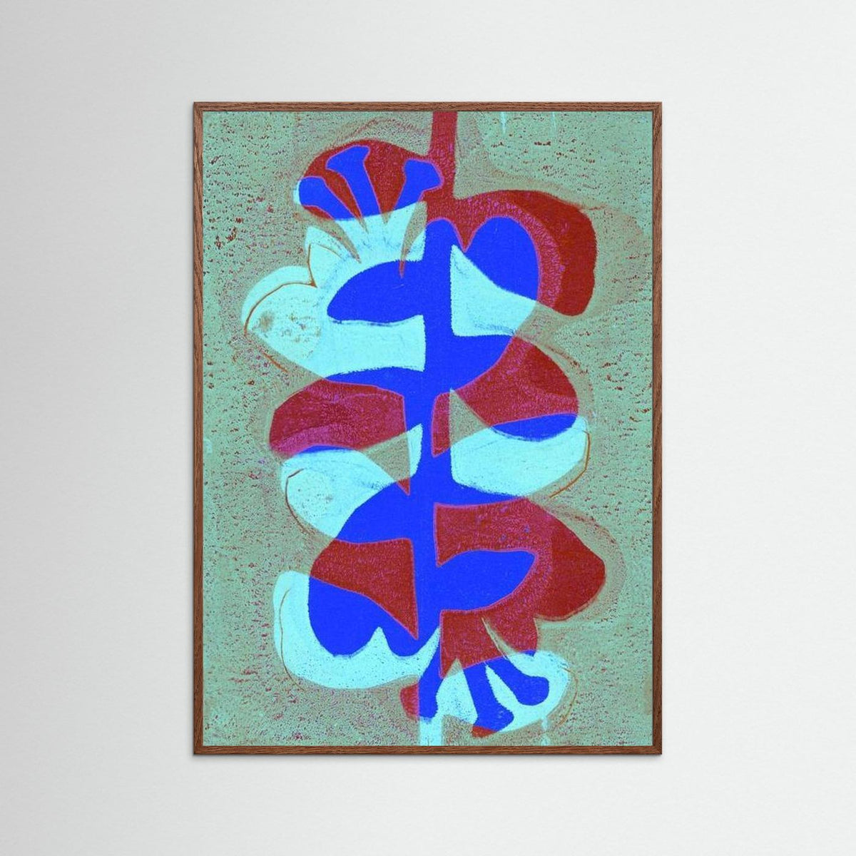 'Retro Bloemen Bordeaux' Gelli Print Botanisch - Ingelijste Paper Art Print