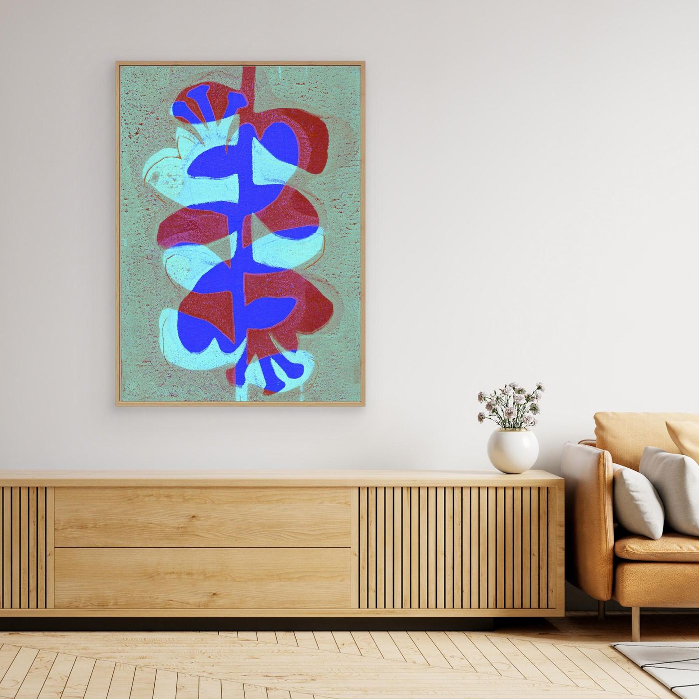 'Retro Flowers Burgundy' Gelli Art - Framed Canvas Art Print