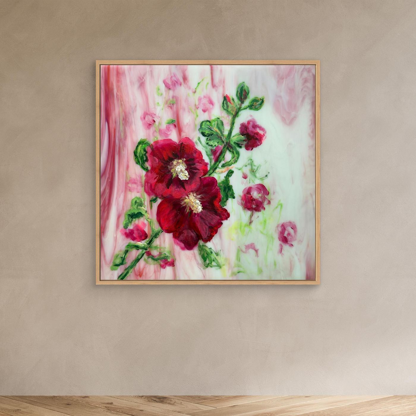'Stokrozen' Schilderij Bloemen - Ingelijste Canvas Art Print