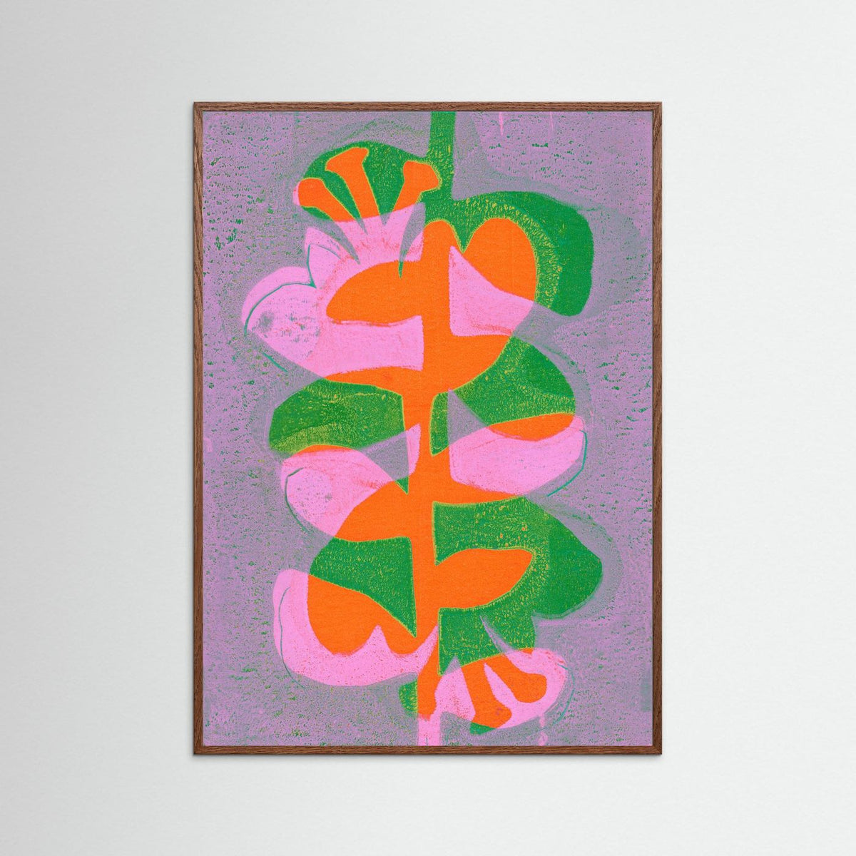 ‘Retro Bloemen Oranje’ Gelli Print Botanisch - Ingelijste Fine Art Paper Print