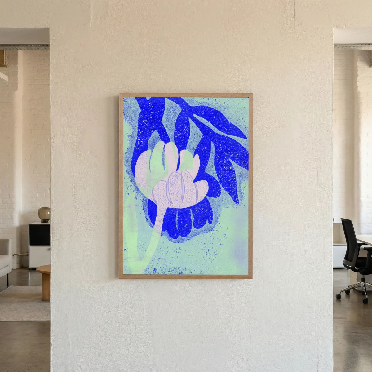 ‘Tulpen Blauw-Roze-Munt’ Gelli Print Botanisch - Ingelijste Fine Art Paper Print