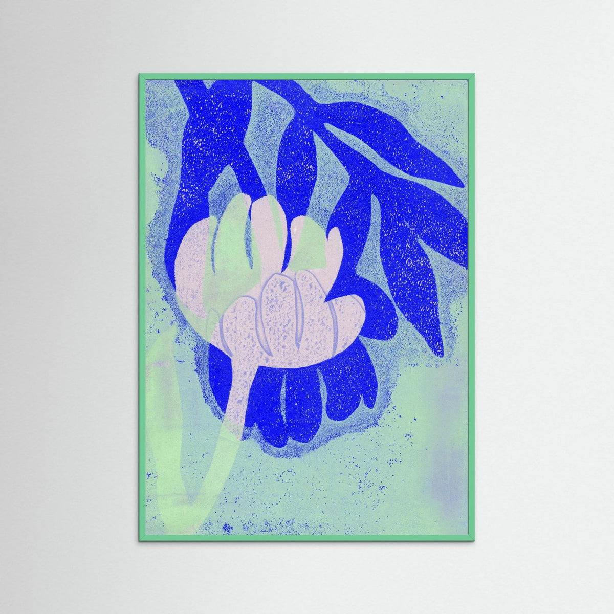 ‘Tulpen Blauw-Roze-Munt’ Gelli Print Botanisch - Ingelijste Fine Art Paper Print
