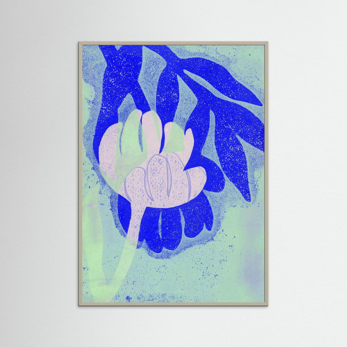‘Tulpen Blauw-Roze-Munt’ Gelli Print Botanisch - Ingelijste Fine Art Paper Print