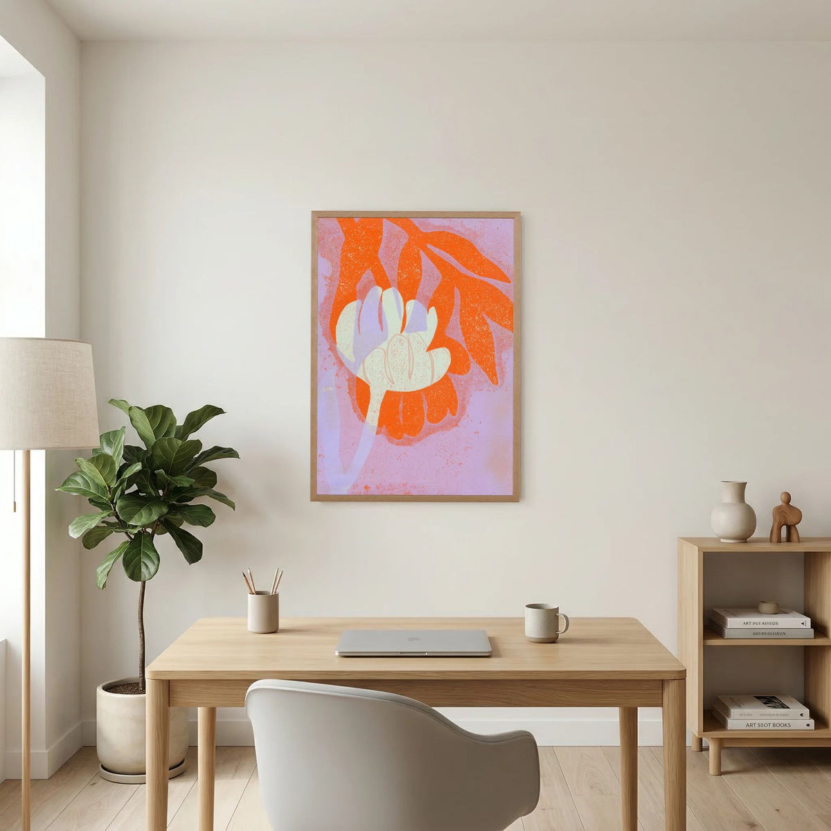 ‘Tulpen Oranje-Lila ’ Gelli Print Botanisch - Ingelijste Fine Art Paper Print