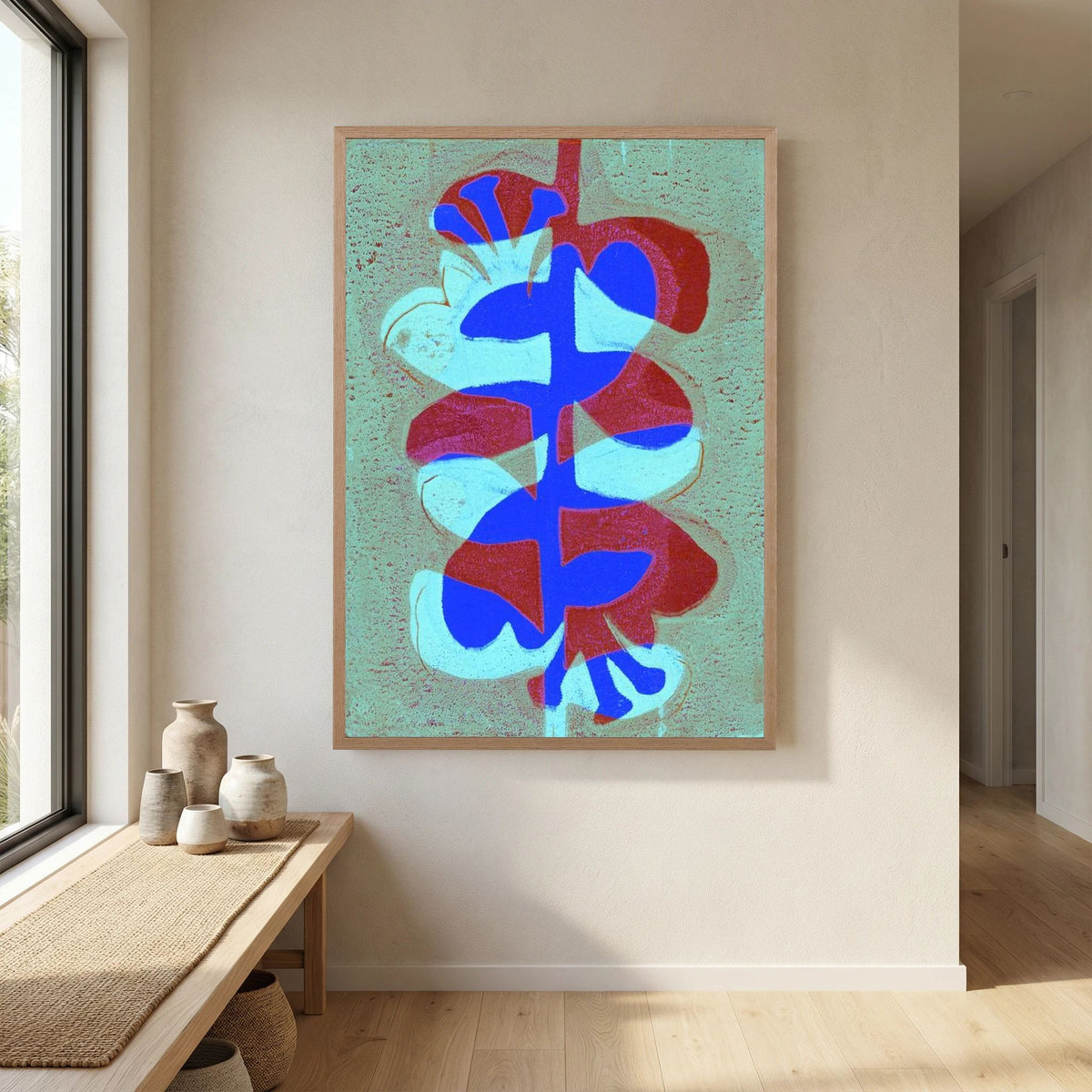 'Retro Bloemen Bordeaux' Gelli Print Botanisch - Ingelijste Paper Art Print