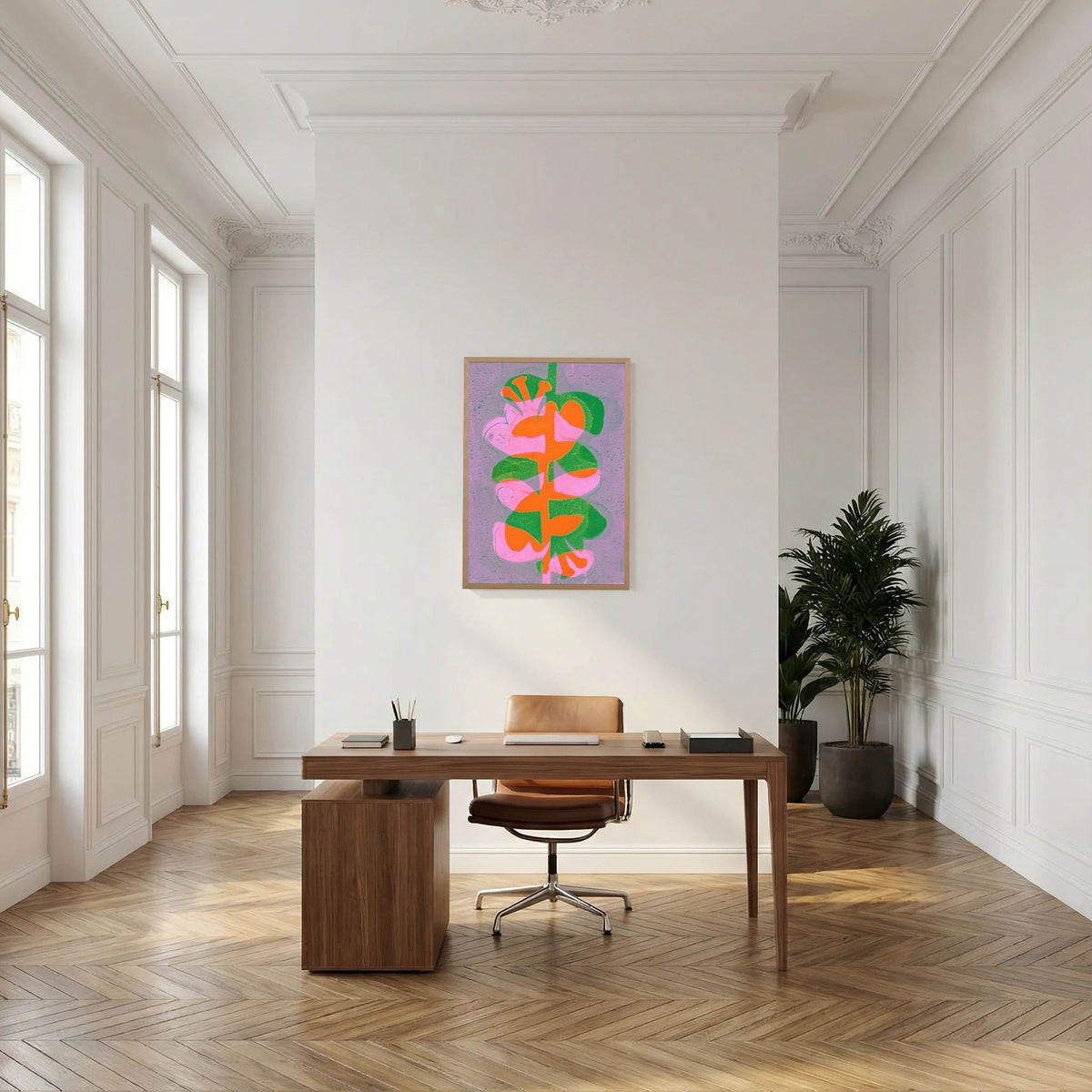 ‘Retro Bloemen Oranje’ Gelli Print Botanisch - Ingelijste Fine Art Paper Print