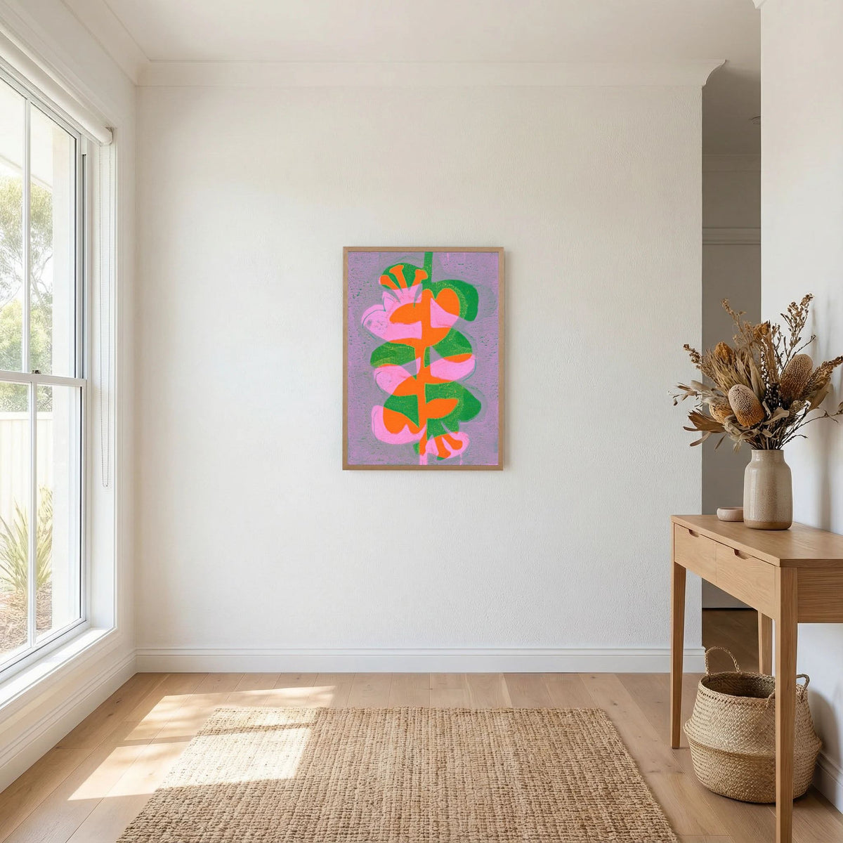 ‘Retro Bloemen Oranje’ Gelli Print Botanisch - Ingelijste Fine Art Paper Print