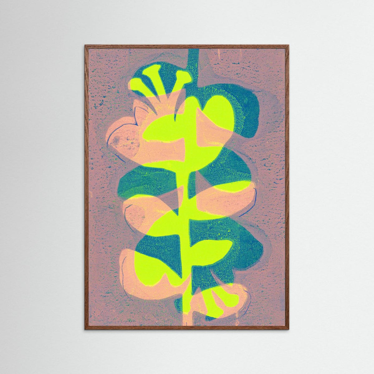 ‘Retro Bloemen Limoen’ Gelli Print Botanisch - Ingelijste Fine Art Paper Print