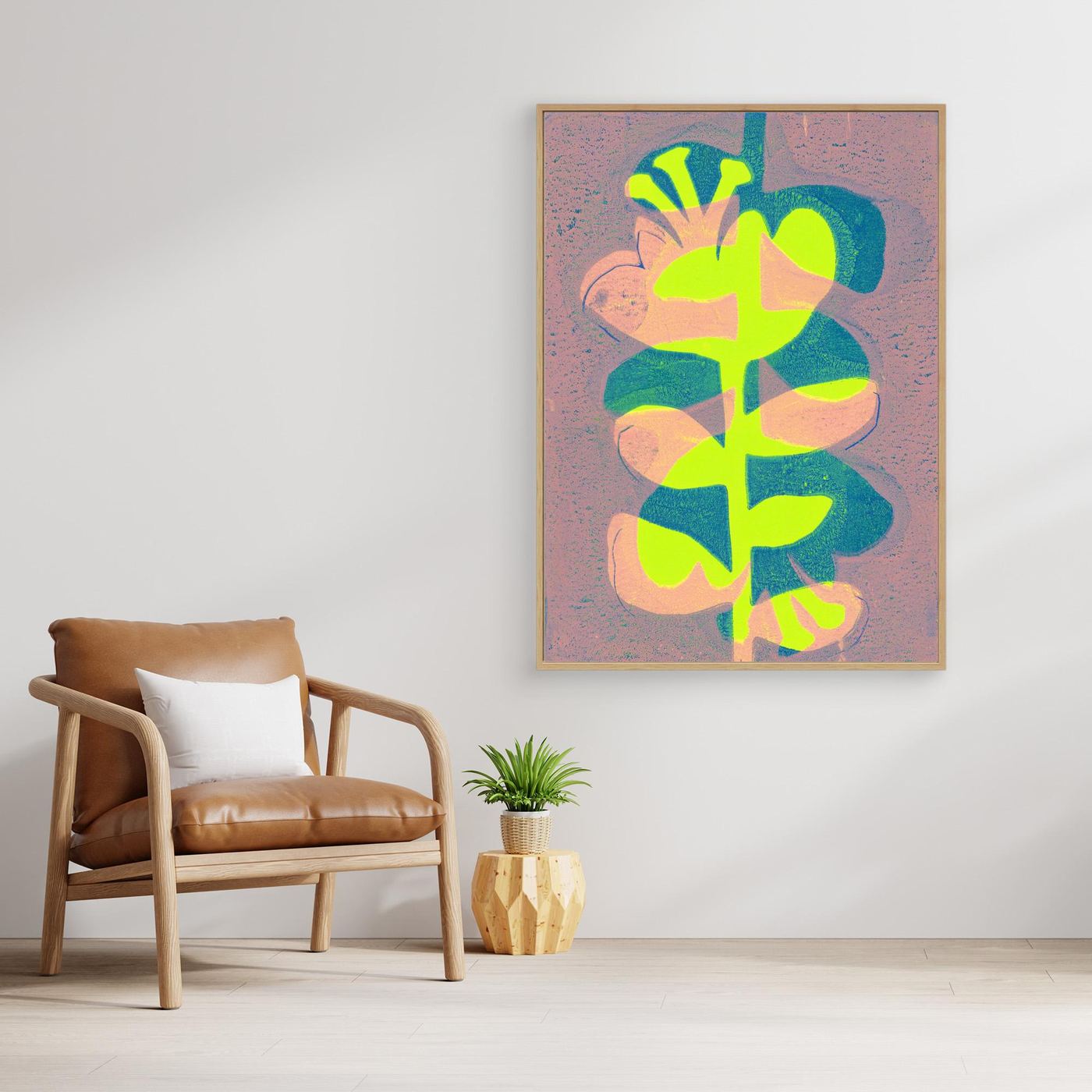 'Retro Flowers Green' Gelli Art - Framed Canvas Art Print
