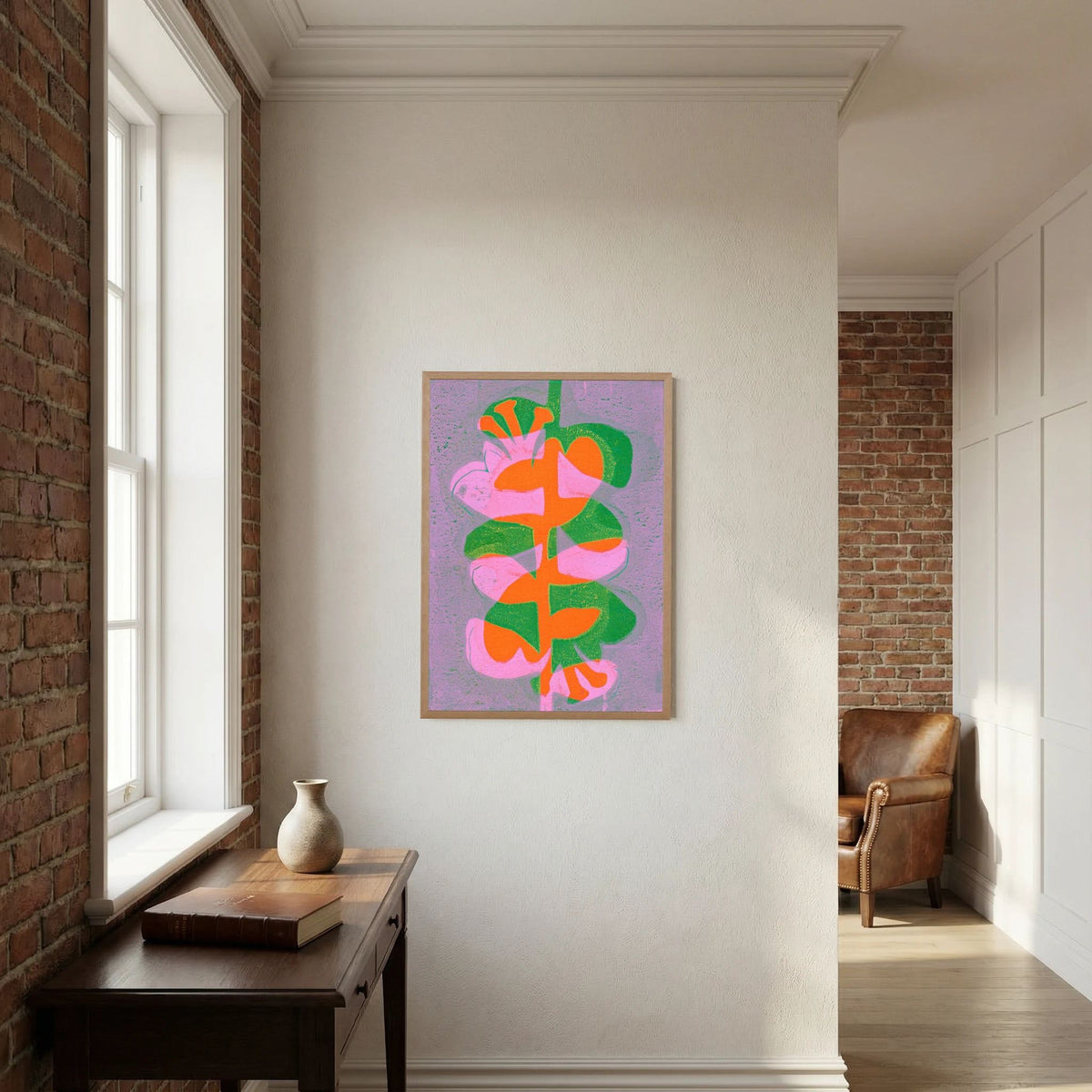 ‘Retro Bloemen Oranje’ Gelli Print Botanisch - Ingelijste Fine Art Paper Print