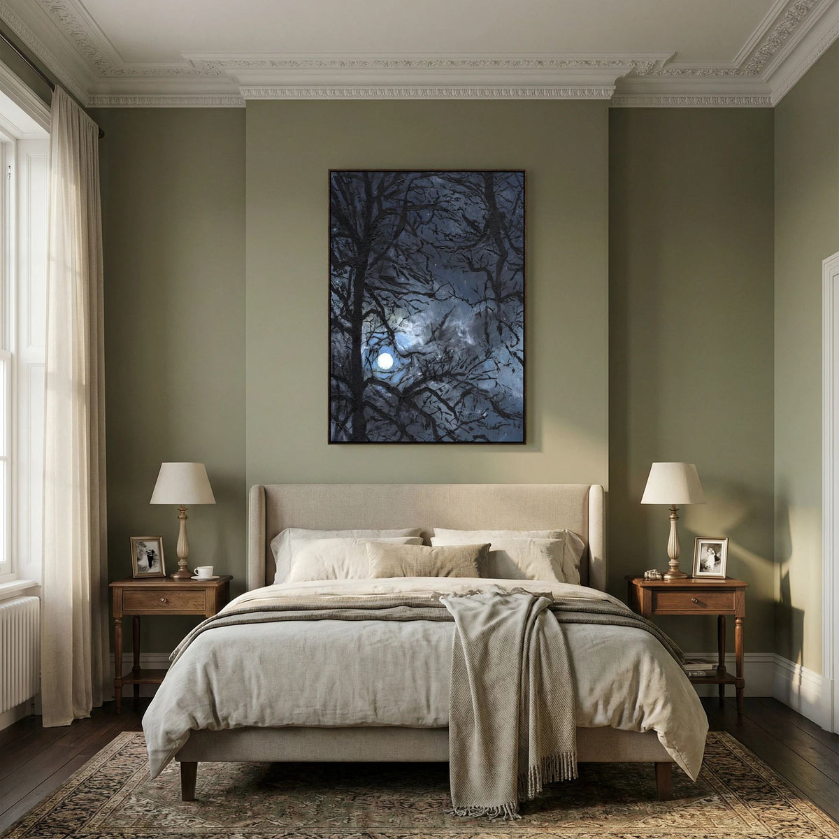 'Maanlicht door de bomen' Schilderij landschap - Ingelijste Canvas Art print