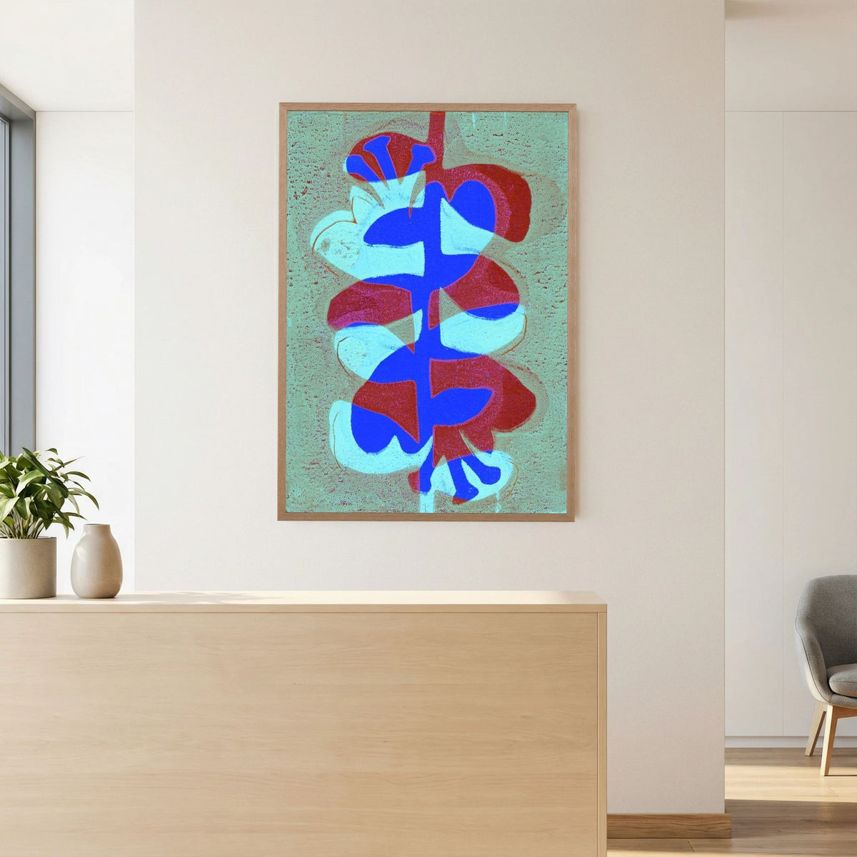 'Retro Bloemen Bordeaux' Gelli Print Botanisch - Ingelijste Paper Art Print