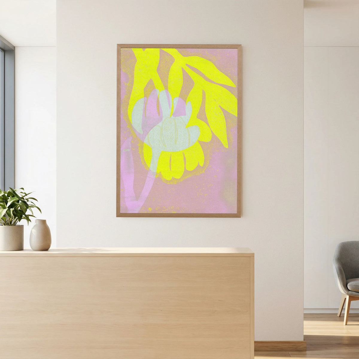 ‘Tulpen Geel-Roze’ Gelli Print Botanisch - Ingelijste Fine Art Paper Print