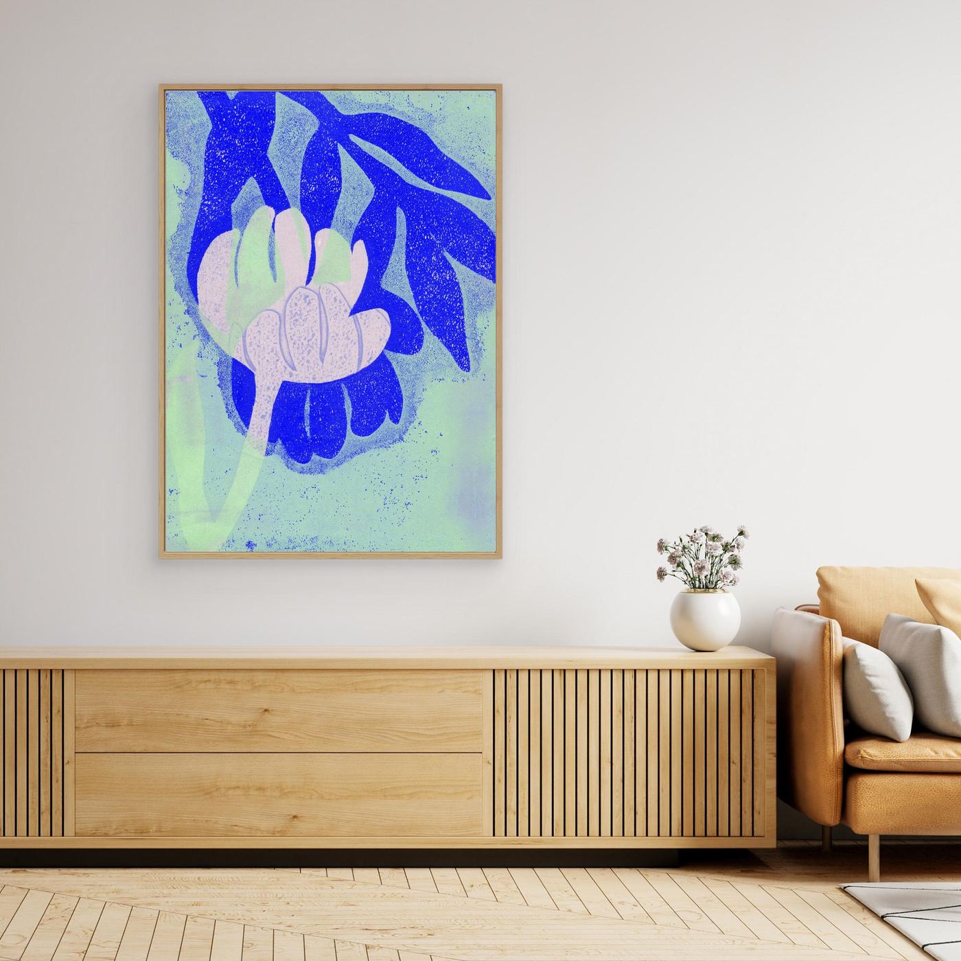 'Tulip Blue' Gelli Art  - Framed Canvas Art Print