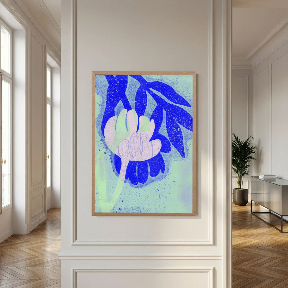 ‘Tulpen Blauw-Roze-Munt’ Gelli Print Botanisch - Ingelijste Fine Art Paper Print