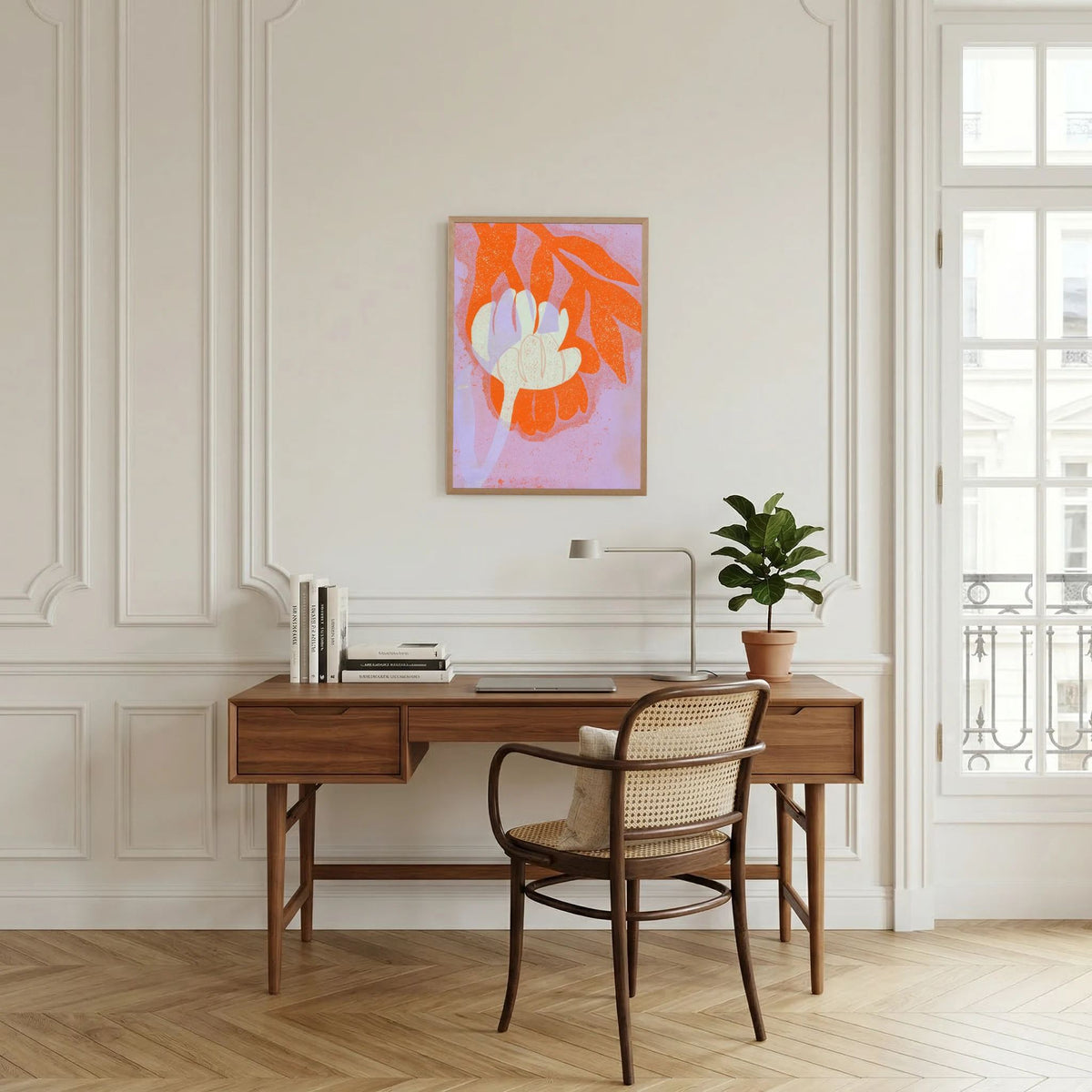 ‘Tulpen Oranje-Lila ’ Gelli Print Botanisch - Ingelijste Fine Art Paper Print