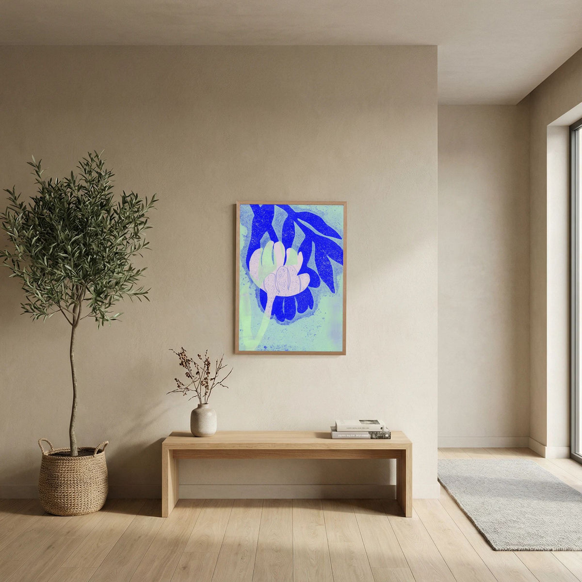 ‘Tulpen Blauw-Roze-Munt’ Gelli Print Botanisch - Ingelijste Fine Art Paper Print