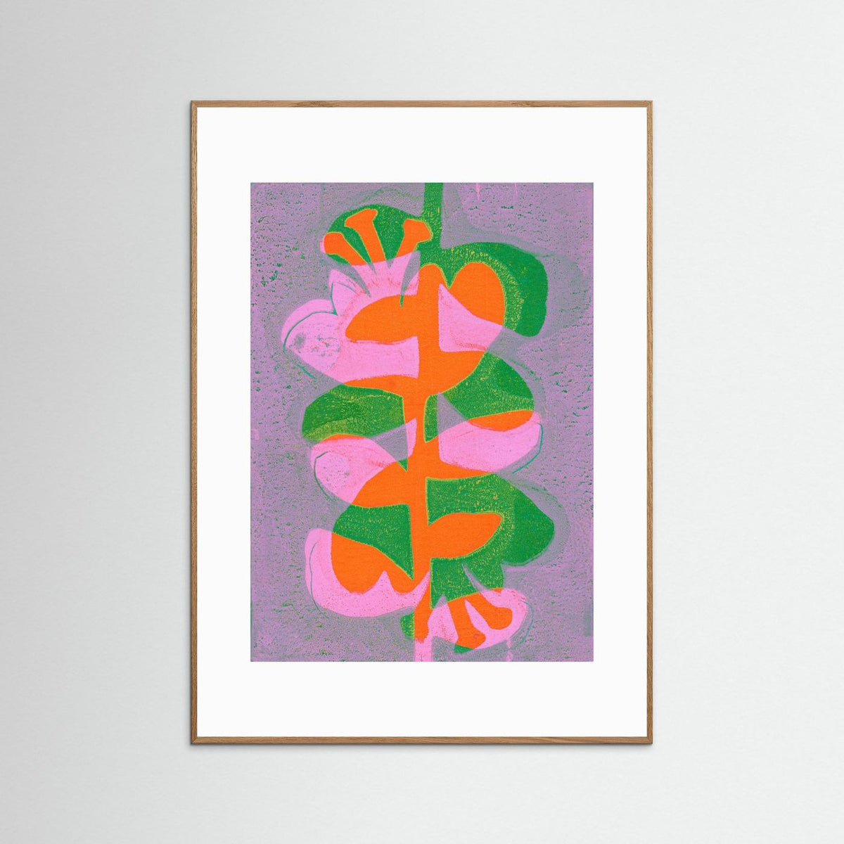 ‘Retro Bloemen Oranje’ Gelli Print Botanisch - Ingelijste Fine Art Paper Print