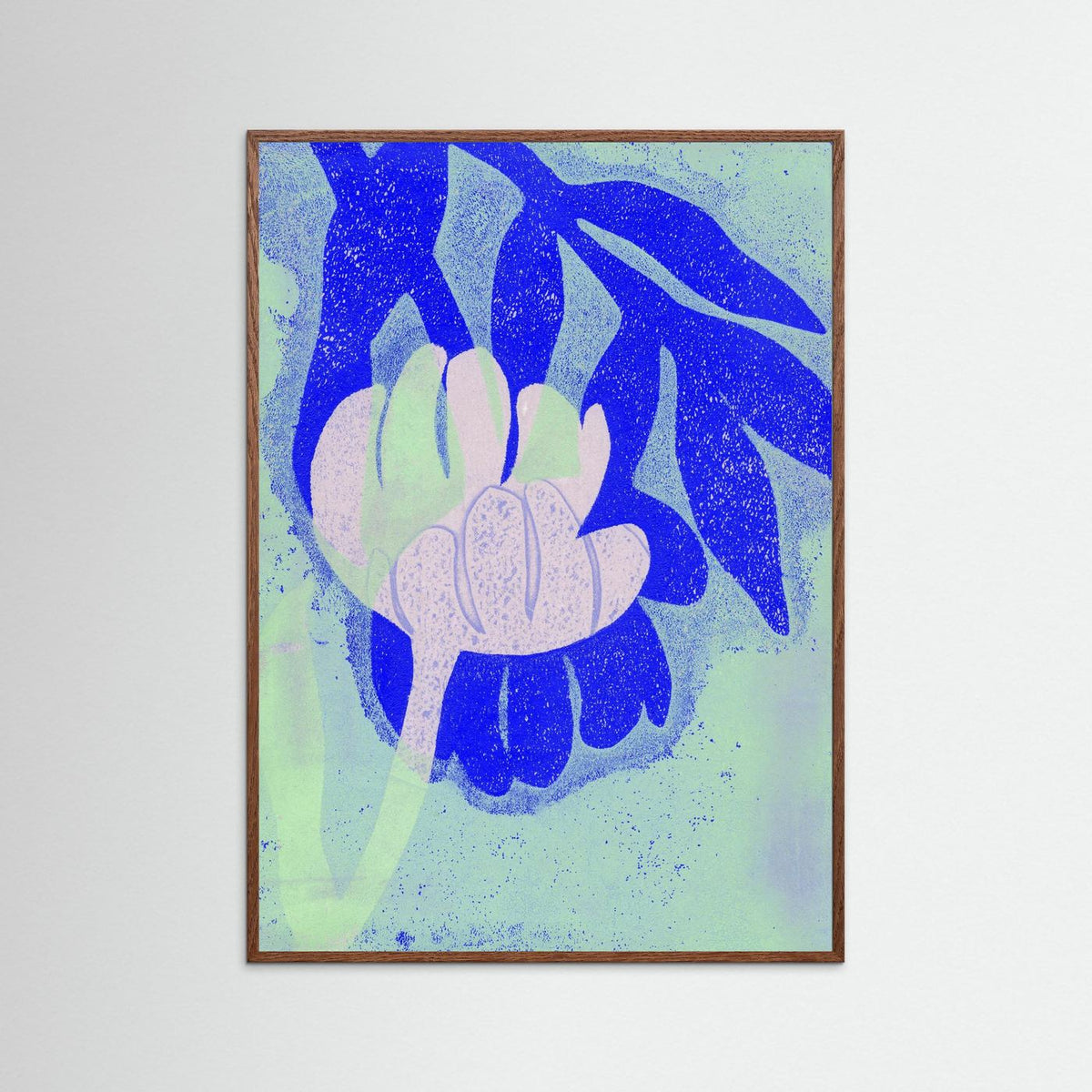 ‘Tulpen Blauw-Roze-Munt’ Gelli Print Botanisch - Ingelijste Fine Art Paper Print