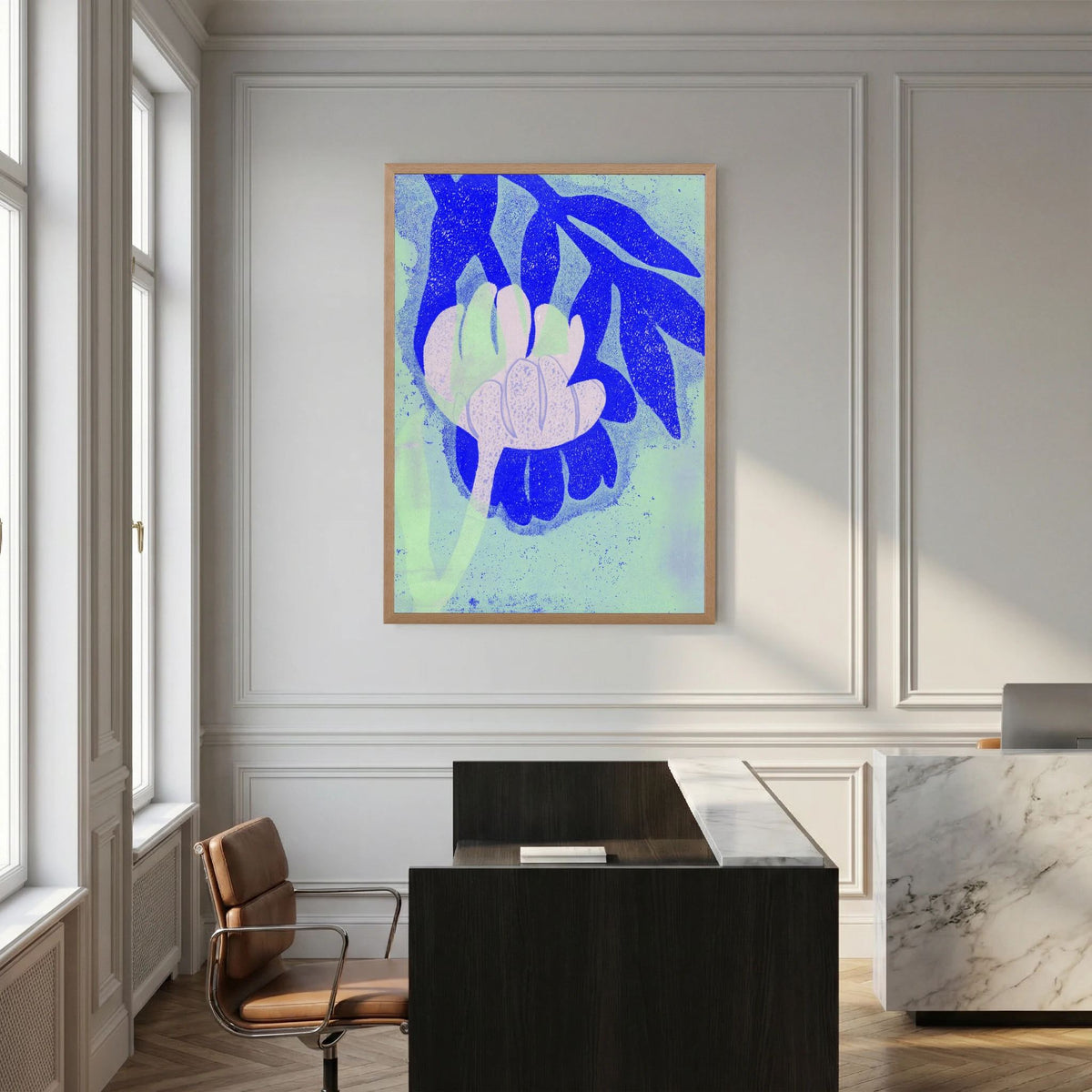 ‘Tulpen Blauw-Roze-Munt’ Gelli Print Botanisch - Ingelijste Fine Art Paper Print