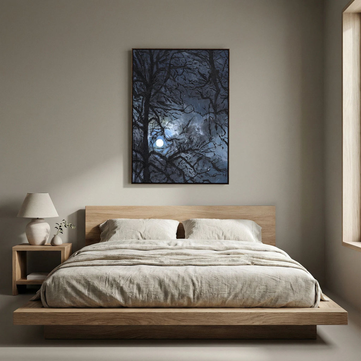 'Maanlicht door de bomen' Schilderij landschap - Ingelijste Canvas Art print