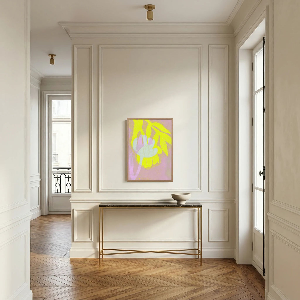 ‘Tulpen Geel-Roze’ Gelli Print Botanisch - Ingelijste Fine Art Paper Print