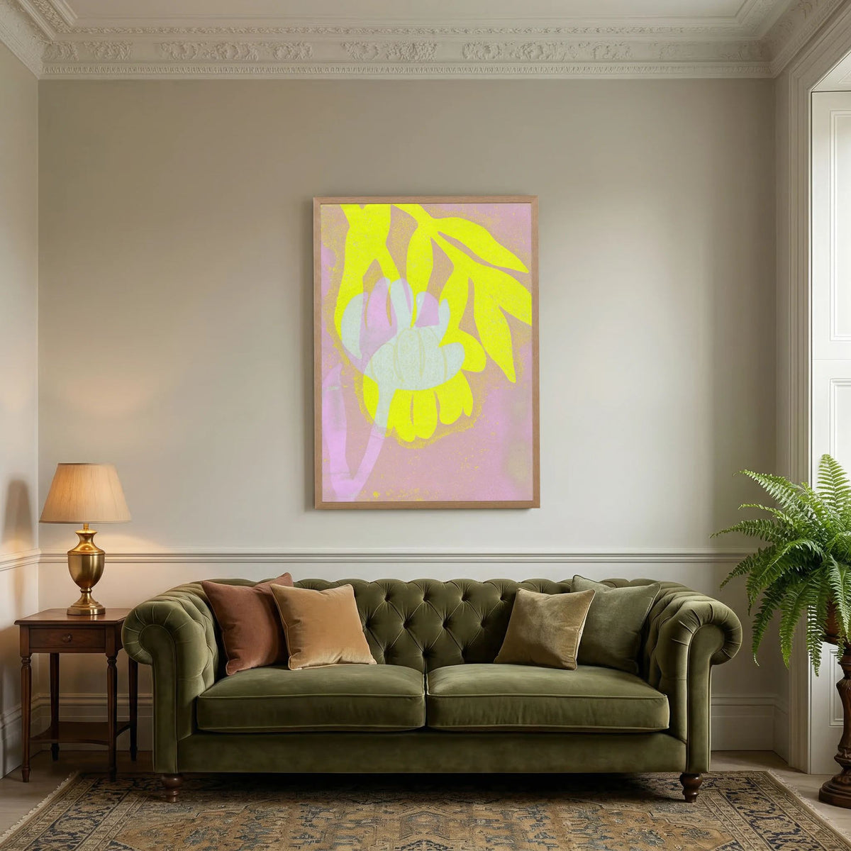 ‘Tulpen Geel-Roze’ Gelli Print Botanisch - Ingelijste Fine Art Paper Print