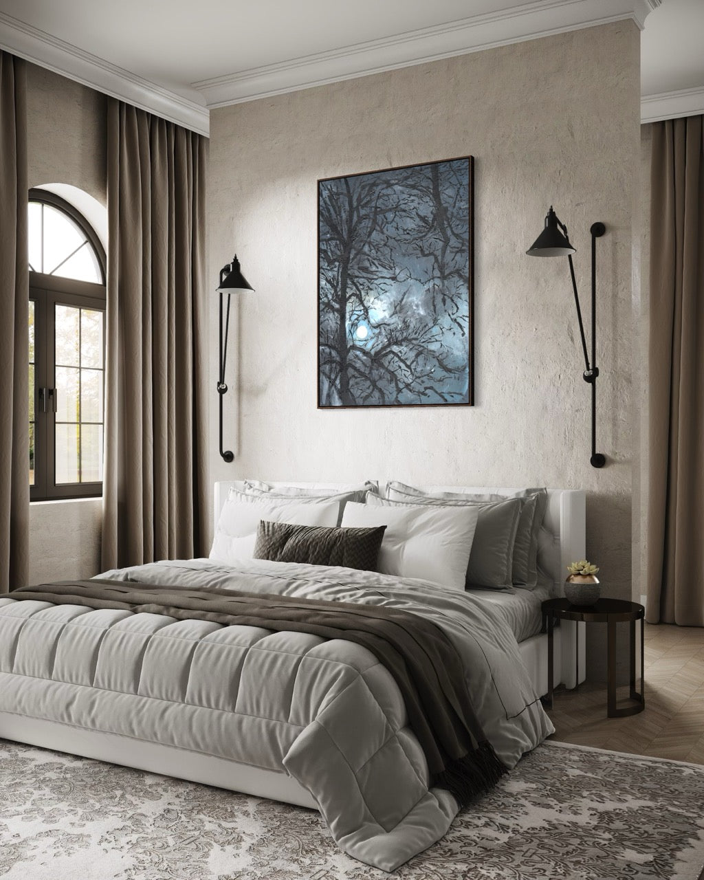 'Moonlight through the trees' Landscape painting - Framed Canvas Art Print